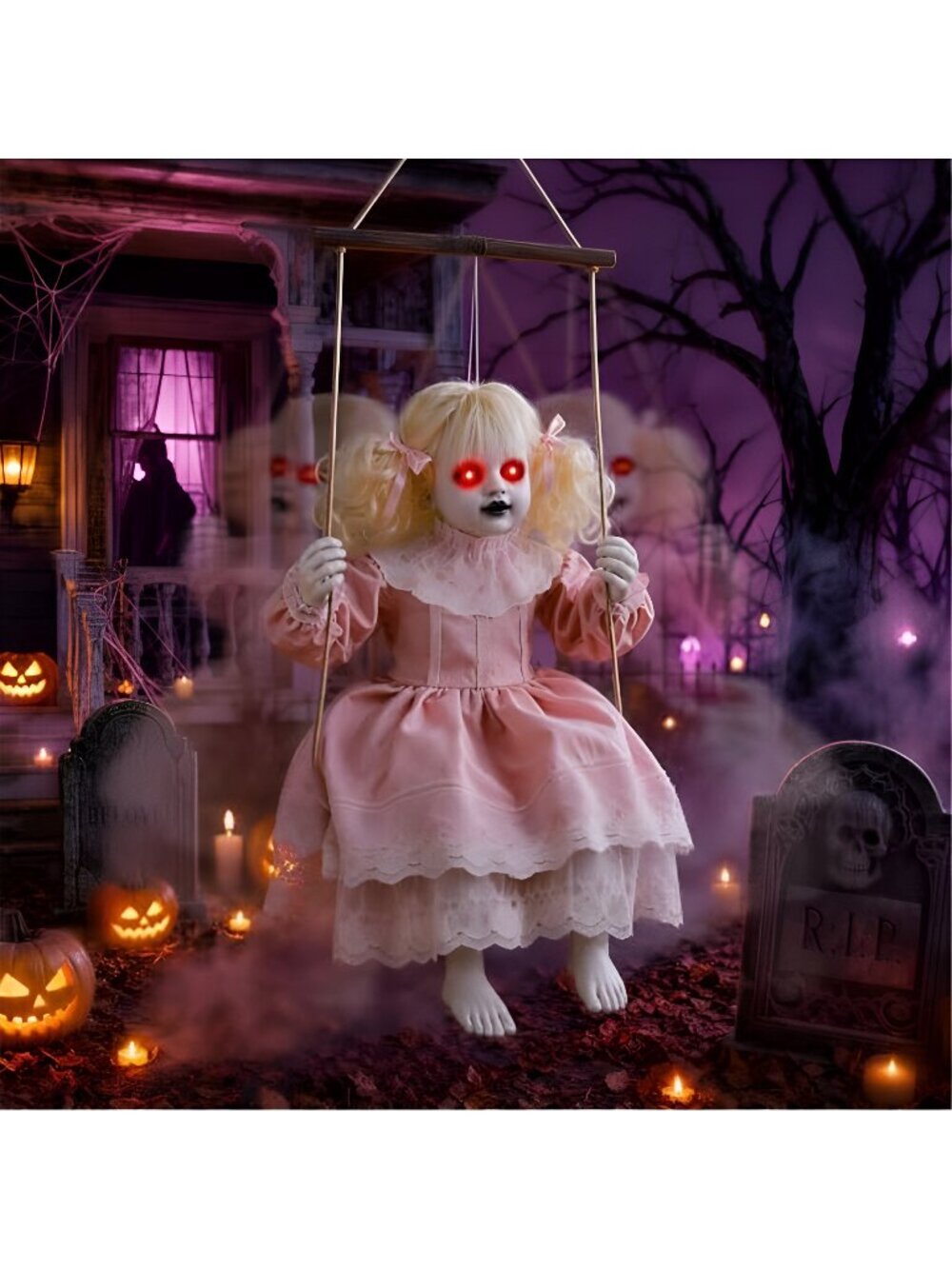 Halloween Animatronic Doll Decorations Outdoor, Animated Hanging Swinging Girl